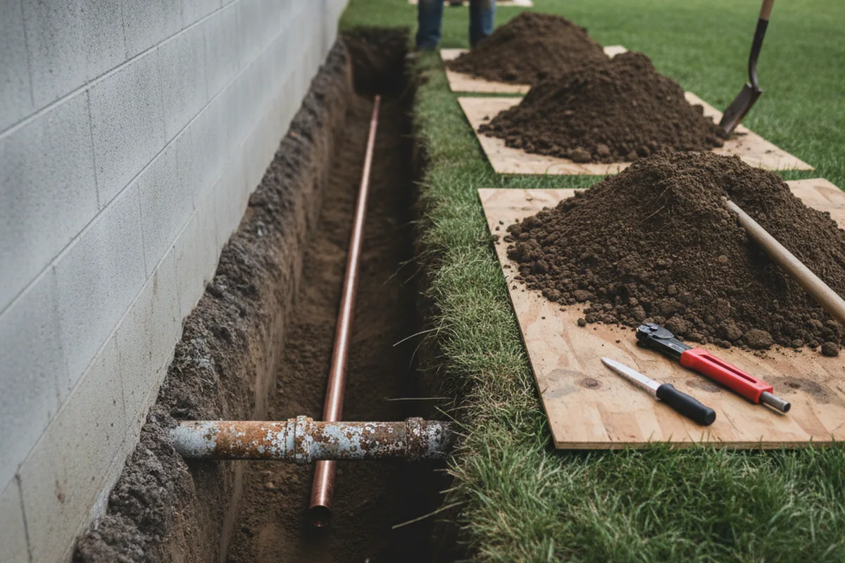 Excavated water line trench during Water Softener Installation in Lake Saint Louis